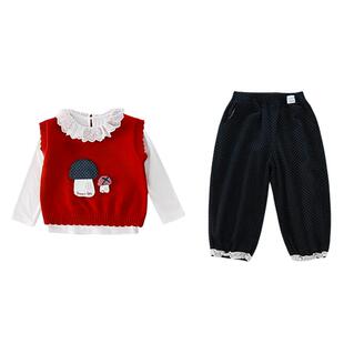 女童毛衣马甲套装春季2026新款儿童花边阔腿裤三件套宝宝春秋衣服