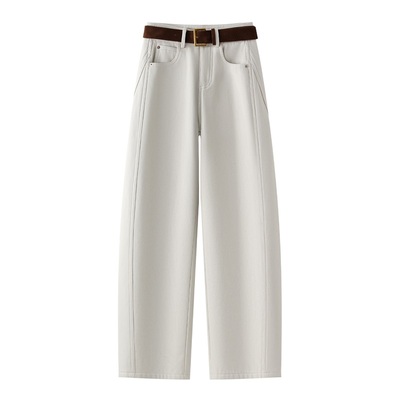 米白色加绒弯刀牛仔裤女秋冬2025