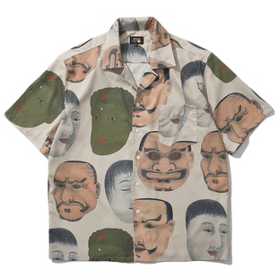 浮世绘般若人面像印花 轻透有垂感 小众复古男士宽松舒适短袖衬衫