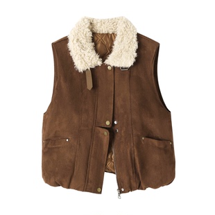 韩系羊羔毛领麂皮绒夹棉马甲外套女冬装巨好看保暖坎肩机车马夹潮
