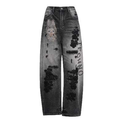 TCH水墨黑花刺绣重工艺做旧弯刀阔腿牛仔裤女2025秋冬T75C20E5106