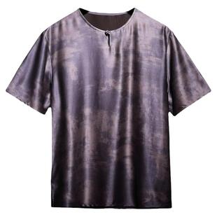 香云纱男装新中式真丝蚕桑丝上衣短袖t恤男显瘦宽松2024夏季新款