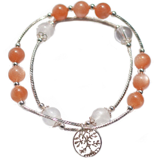 沐双 太阳石手链纯天然橙色水晶日光石金沙石白幽灵月光石纯银女