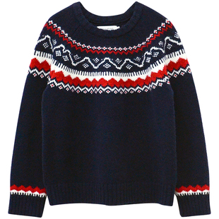 333sss 深蓝色宽松加厚圆领套头费尔岛雪花毛衣女短款上衣冬季