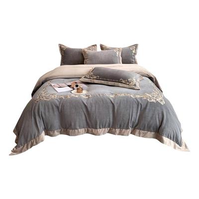 秋冬轻奢风加厚牛奶绒床笠四件套简约刺绣保暖被套床品灰粉蓝色