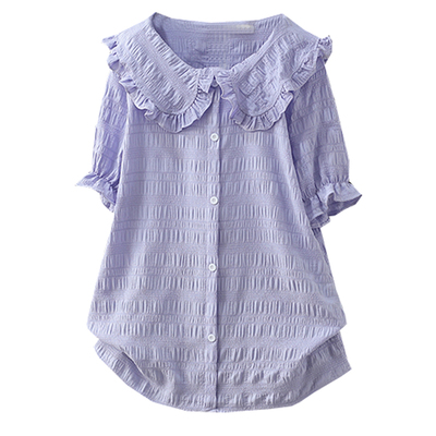 200斤荷叶边紫色甜美风雪纺衫