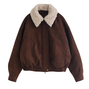 徐大脸吖定制 羊羔毛翻领羽绒服90绒子白鸭绒飞行麂皮绒短外套女