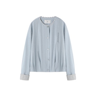 XWI欣未含亚麻撞色拼接夹克外套女2026年春季小个子短款蓝色上衣