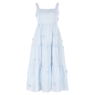 wana try格纹装饰花朵蓝白连衣裙2026年夏季新款温柔甜美女款裙