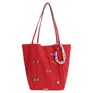女士大容量托特包红色帆布包双面可用腊肠小狗ins上课通勤单肩包