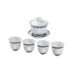 景德镇官方手绘青花玲珑三才盖碗茶杯套装白瓷高端功夫茶具乔迁礼