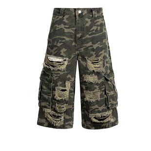 迷彩裤男破洞牛仔裤男式七分裤美式高街多口袋工装裤短裤男式休闲