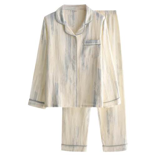 日系蓝幻条纹睡衣女士春秋夏季纯棉纱布薄款长袖开衫家居服套装