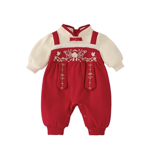 [抗菌]婴儿红色新生儿秋冬A类连体衣加绒爬服国风宝宝周岁拜年服