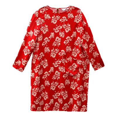 【亲肤细腻】阁兰秀2025年春季新品红色玫瑰印花连衣裙宽松裙女装