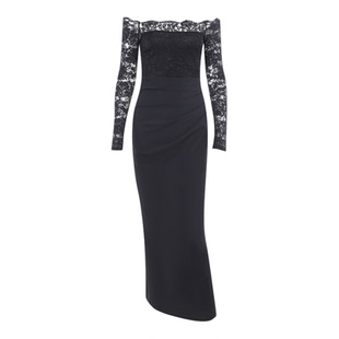 instahot 纯欲蕾丝一字肩黑色礼服裙女2025秋季新款修身长袖长裙