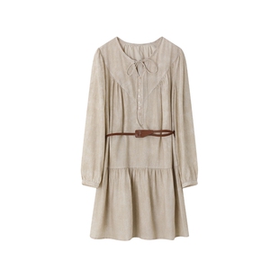 时然大码女装长袖连衣裙26春季新款微胖mm复古肌理感显瘦亚麻裙子