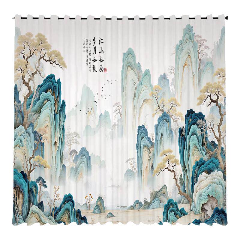 中式水墨山水纱帘免打孔透光不透