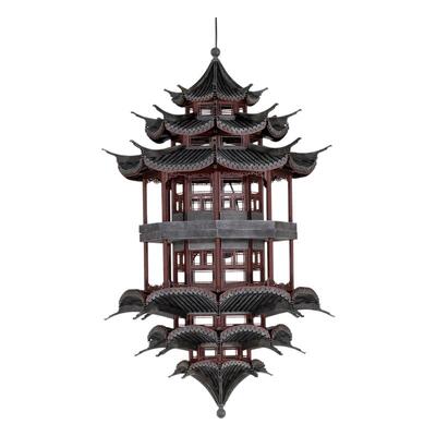 新中式古建筑模型吊灯禅意民宿酒店木雕装置吊饰挂饰国风装饰灯