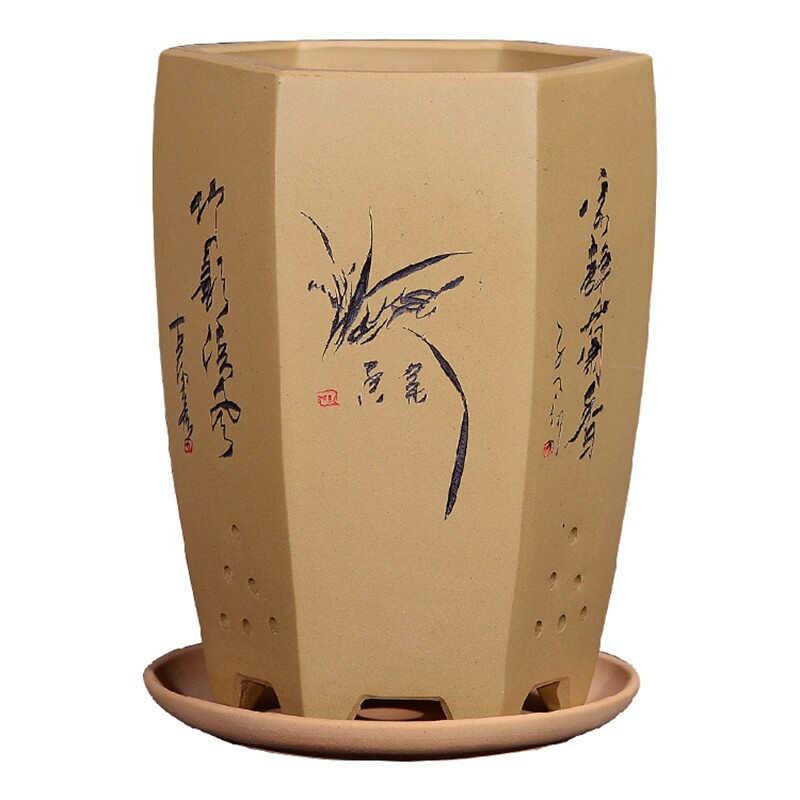 宜兴紫砂兰花盆景透气六方花盆带托盘简约紫砂君子兰专用陶瓷花盆