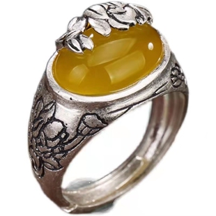 古风仿真黄玉髓莲花戒指女s925银哑光雕刻做旧复古指环古装食指戒