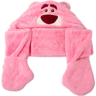 miniso名创优品小熊维尼毛毛狂欢草莓熊毛绒帽围巾手套一体三件套