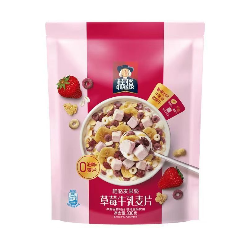 桂格麦果脆水果草莓牛乳即食麦片330g袋装饱腹速食懒人早餐