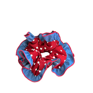 复古红波点牛仔发饰气质少女蝴蝶结发圈头绳手作大肠圈头饰发饰品