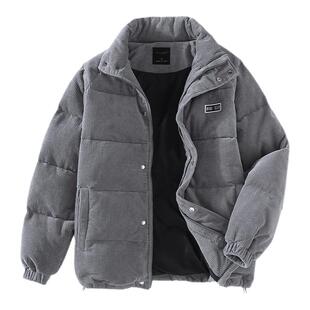 复古灯芯绒短款夹克羽绒服男冬季加厚保暖宽松大码条绒面包服外套