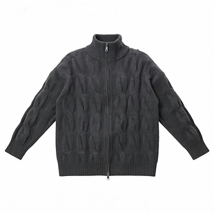 HSNH【加厚针织羊毛衫】秋冬情侣立领麻花针织开衫复古毛衣外套