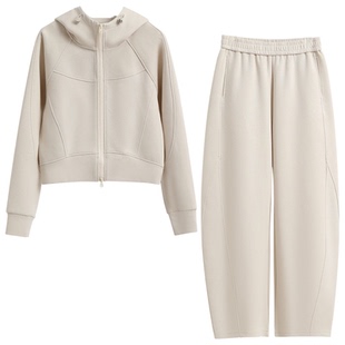 杏色运动套装女2026早春漂亮独特冬装一整套休闲风简约卫衣两件套