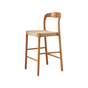北欧实木家用岛台椅白蜡木吧椅酒吧椅子侘寂风绳编餐椅清吧高脚凳