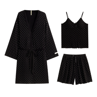 家乐芬带胸垫睡衣女款睡袍夏季莫代尔家居服吊带冰丝春秋三件套装