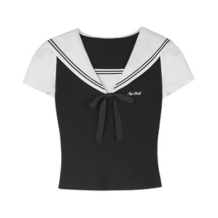 SagiDolls少女斗志 甜辣美高学院风黑白水手领上衣修身显瘦百搭夏