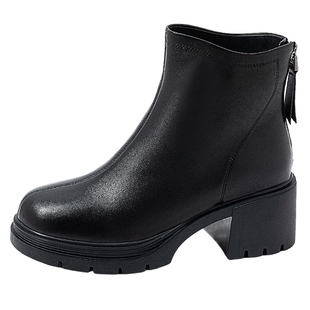 康莉羊皮革复古小短靴2025冬季新款加绒粗跟高跟靴子女增高时装靴