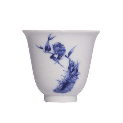 小桥窑珍藏手绘青花单翠铃铛杯