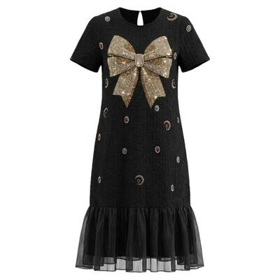 TCH烫钻蝴蝶结长款连衣裙女夏短袖压褶网纱拼接小黑裙T78A30E1087