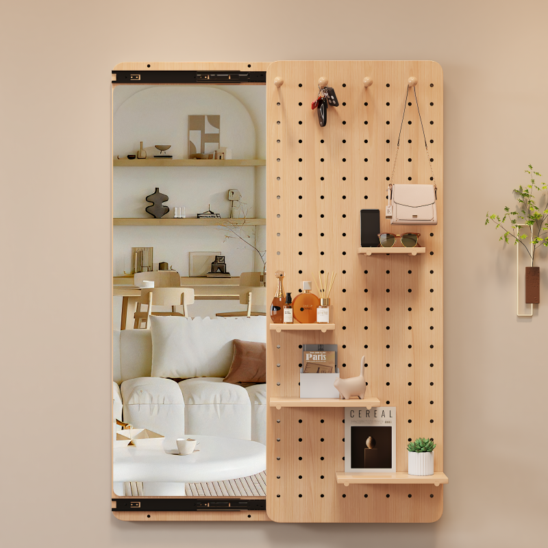 实木洞洞板穿衣镜衣帽架一体贴墙镜子玻璃家用卧室门后隐形全身镜