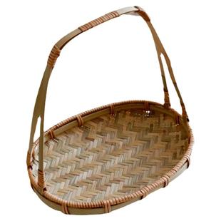 百搭家事丨日式竹青条纯手工编织椭圆形托盘竹子山藤圆箩筐收纳盘