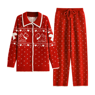 悦内半边绒睡衣女款冬季加厚珊瑚绒家居服大红色本命年新年费尔岛