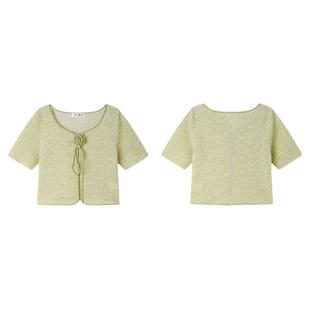 PIT绿色U型领短袖开衫衬衫针织衫女2025夏薄款内搭T恤上衣