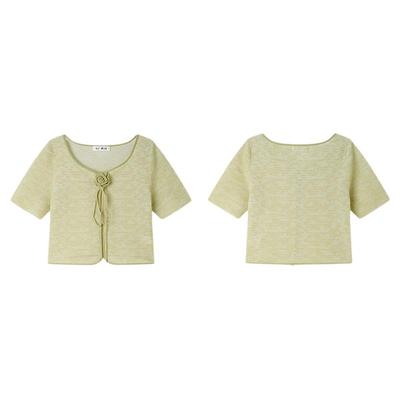 PIT绿色U型领短袖开衫衬衫针织衫女2025夏薄款内搭T恤上衣