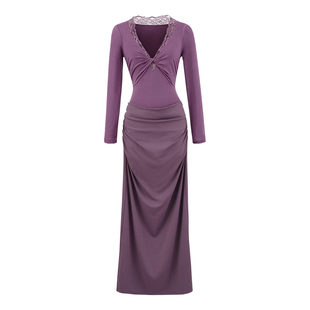 YoungGirlDay 纯欲风性感V领蕾丝拼接扭结显胸褶皱包臀连衣裙长裙