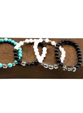 匠银JY 925纯银8mm鸢尾花十字花绿松石黑玛瑙潮流奢华手链手串