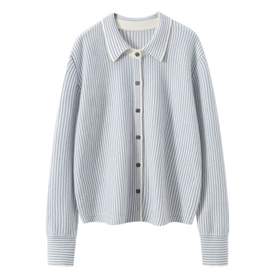 竖条纹撞色羊绒衫开衫