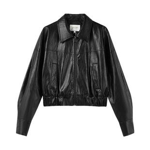 秋水伊人黑色皮衣外套女2026年春季新款时尚下摆松紧设计翻领上衣