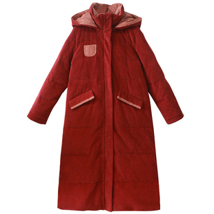 【幸福感】红色可拆卸连帽羽绒服女2025年冬季长款加厚灯芯绒外套