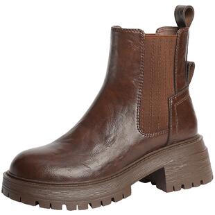 百丽厚底增高切尔西靴女靴新款加绒保暖显瘦瘦靴短靴子B2287DD4