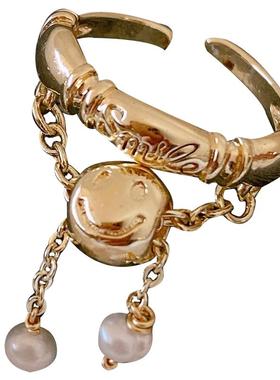 金色笑脸流苏淡水珍珠戒指女新款