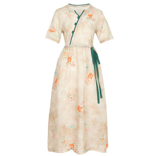 高端苎麻印花连衣裙女夏薄款文艺复古民族风高腰系带大摆棉麻长裙